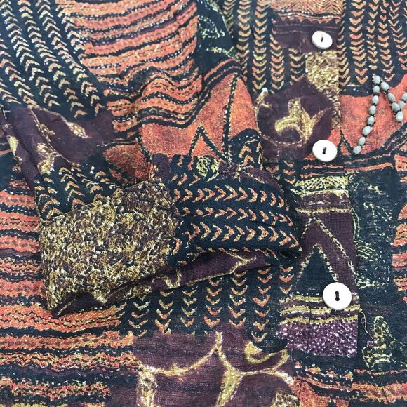 Coldwater Creek L Tribal Print Button Down Shirt Tribal Print Long Sleeve Beaded - Picture 7 of 11